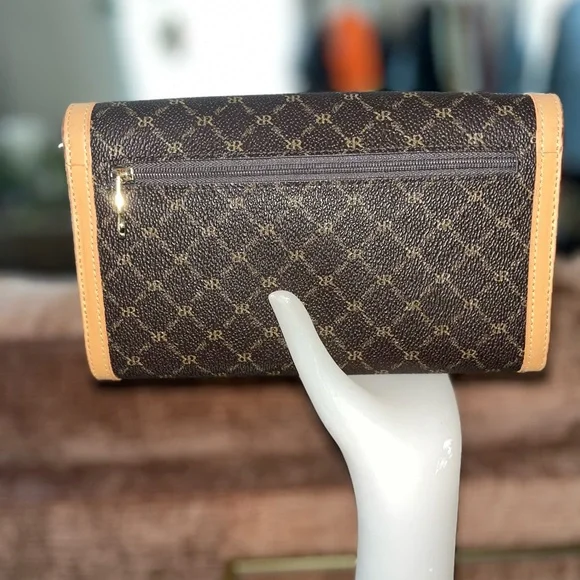 Rioni Brown and Tan Clutch with Gold Detail - Picture 2 of 6